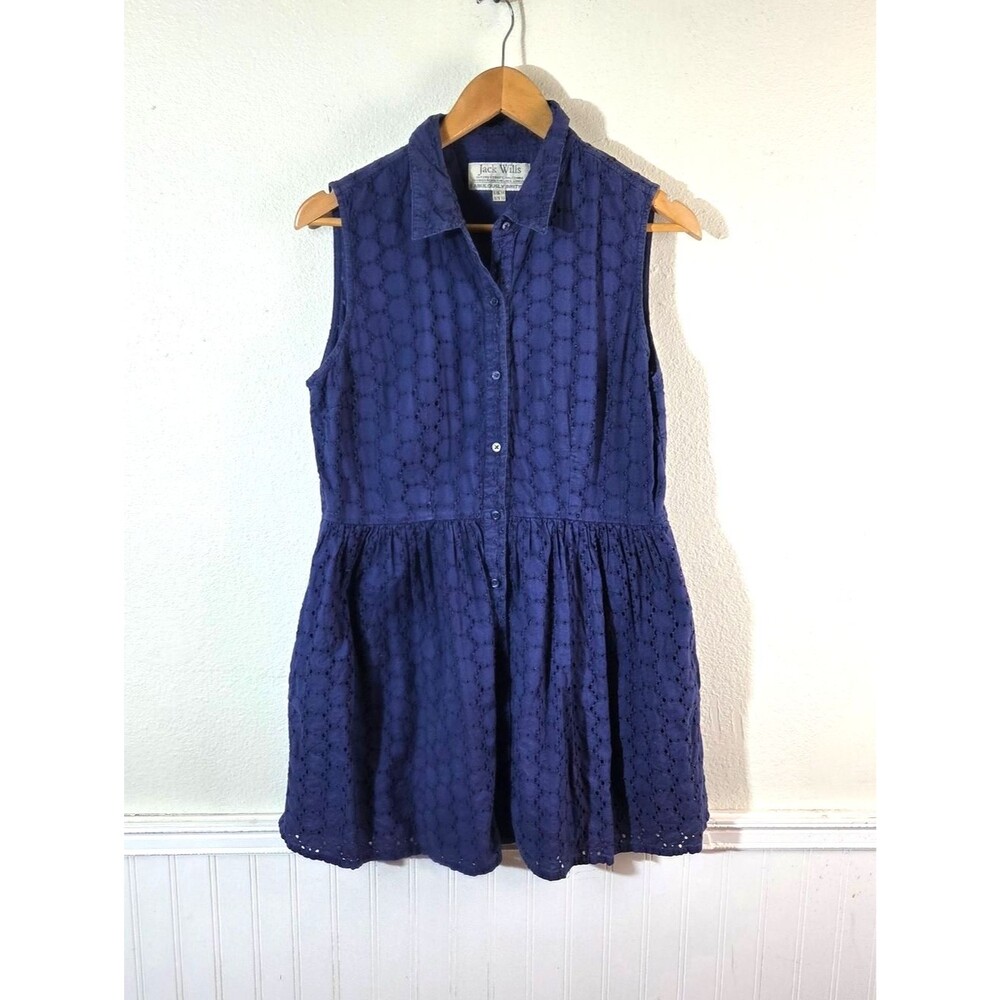 Jack Wills Eyelet Mini Dress Blue Sleeveless Cottagecore Button Front US 10